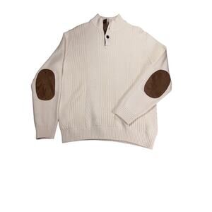 Chaps Mens L Fisherman Sweater Cream Cotton Faux Suede Elbow Patches